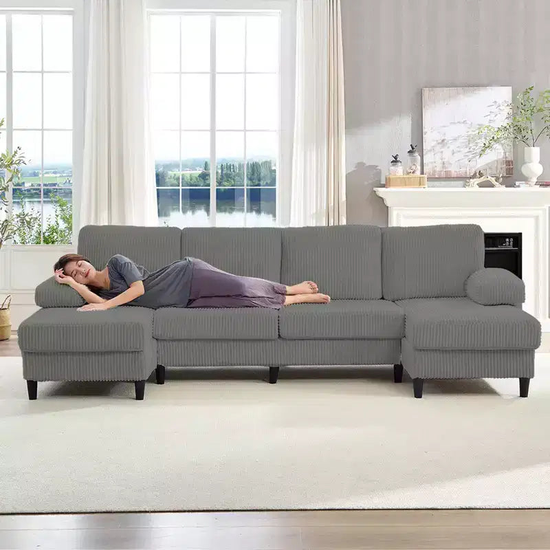 Mjkone 110 U-Shaped Sectional Sofa Couches with Double Chaises and Sleepable Armrests,Corduroy Upholstered 4-Seater Sofa