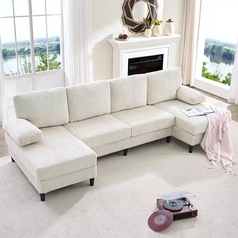 Mjkone 110 U-Shaped Sectional Sofa Couches with Double Chaises and Sleepable Armrests,Corduroy Upholstered 4-Seater Sofa
