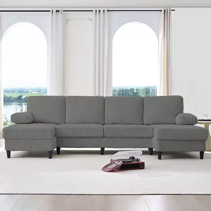 Mjkone 110 U-Shaped Sectional Sofa Couches with Double Chaises and Sleepable Armrests,Corduroy Upholstered 4-Seater Sofa