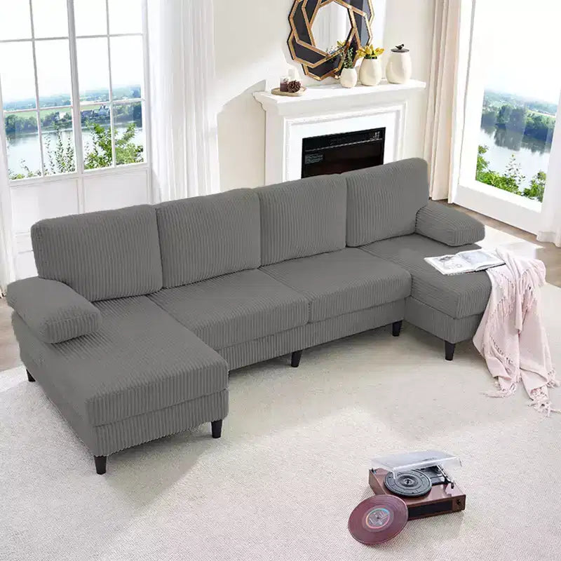 Mjkone 110 U-Shaped Sectional Sofa Couches with Double Chaises and Sleepable Armrests,Corduroy Upholstered 4-Seater Sofa