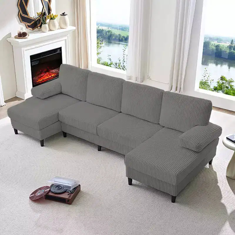 Mjkone 110 U-Shaped Sectional Sofa Couches with Double Chaises and Sleepable Armrests,Corduroy Upholstered 4-Seater Sofa