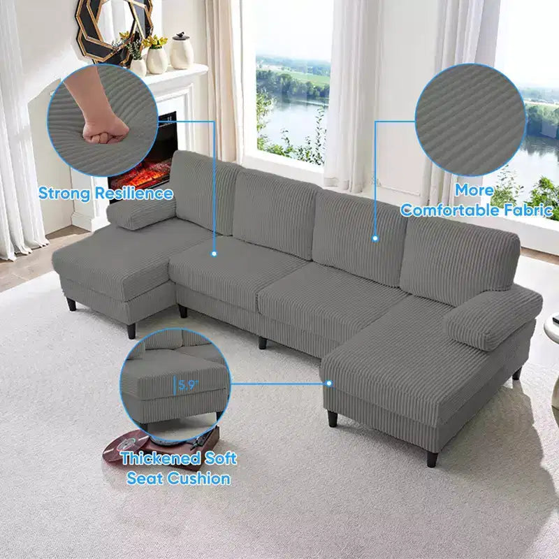 Mjkone 110 U-Shaped Sectional Sofa Couches with Double Chaises and Sleepable Armrests,Corduroy Upholstered 4-Seater Sofa