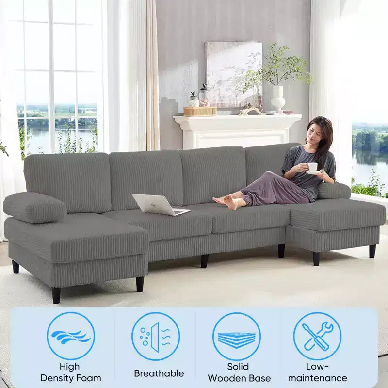 Mjkone 110 U-Shaped Sectional Sofa Couches with Double Chaises and Sleepable Armrests,Corduroy Upholstered 4-Seater Sofa