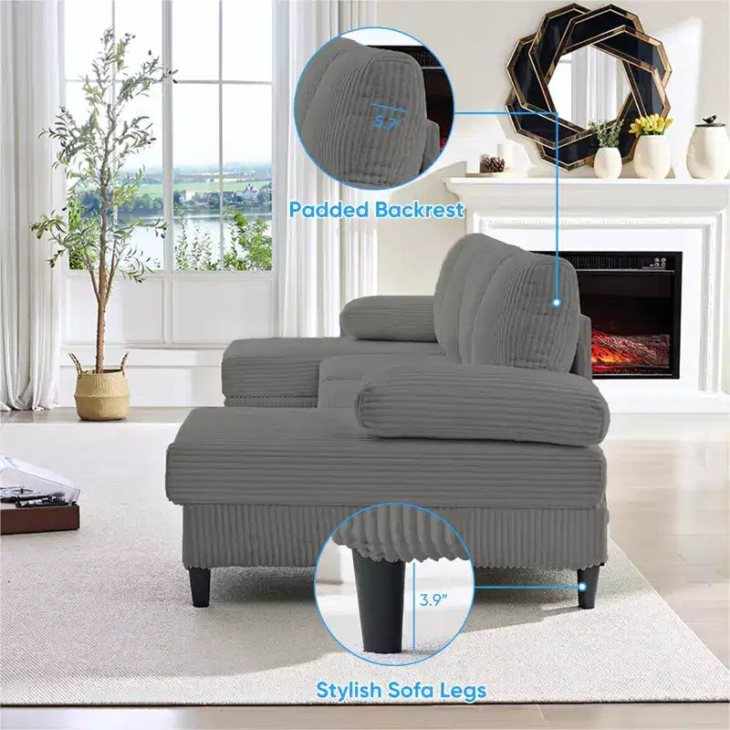 Mjkone 110 U-Shaped Sectional Sofa Couches with Double Chaises and Sleepable Armrests,Corduroy Upholstered 4-Seater Sofa