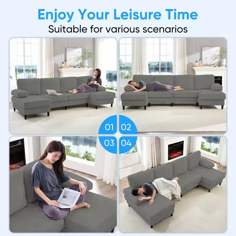 Mjkone 110 U-Shaped Sectional Sofa Couches with Double Chaises and Sleepable Armrests,Corduroy Upholstered 4-Seater Sofa