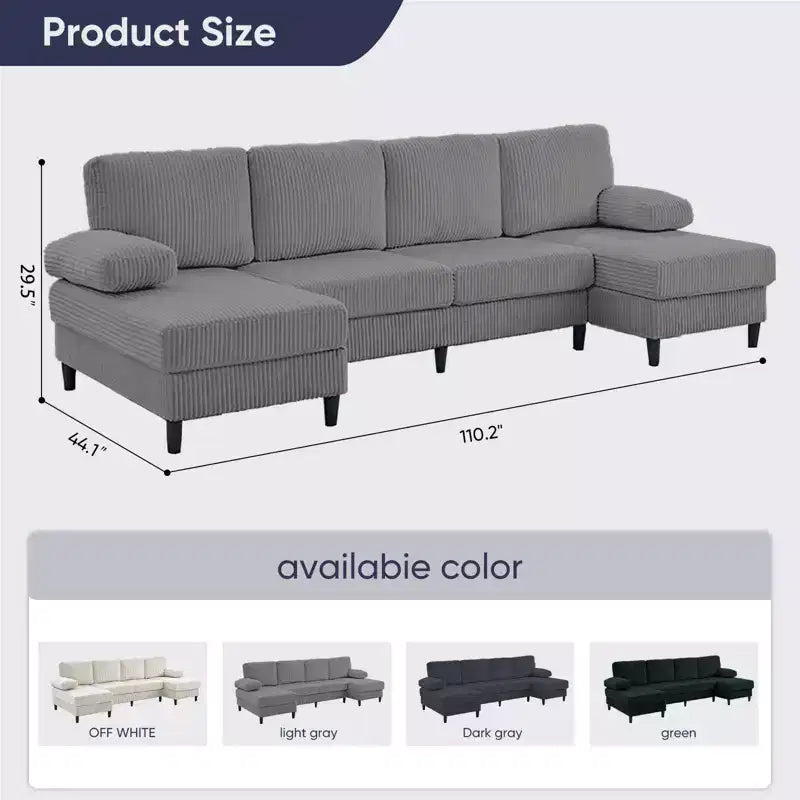 Mjkone 110 U-Shaped Sectional Sofa Couches with Double Chaises and Sleepable Armrests,Corduroy Upholstered 4-Seater Sofa