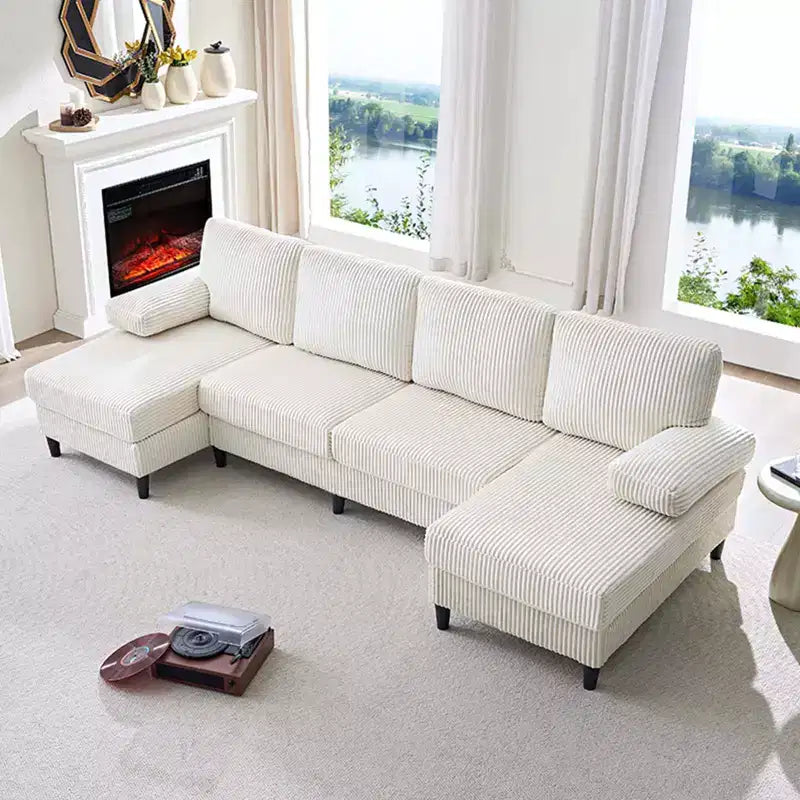 Mjkone 110 U-Shaped Sectional Sofa Couches with Double Chaises and Sleepable Armrests,Corduroy Upholstered 4-Seater Sofa