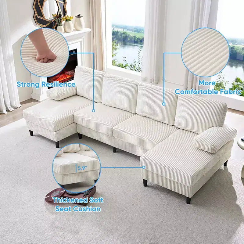 Mjkone 110 U-Shaped Sectional Sofa Couches with Double Chaises and Sleepable Armrests,Corduroy Upholstered 4-Seater Sofa