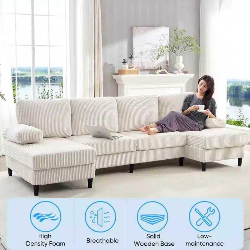 Mjkone 110 U-Shaped Sectional Sofa Couches with Double Chaises and Sleepable Armrests,Corduroy Upholstered 4-Seater Sofa