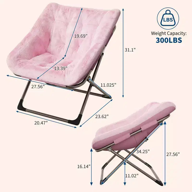 Folding Saucer Chairs for Adults, 300 LB Capacity Comfy Faux Fur Lazy Chair with Metal Frame, No Assembly Required for Bedroom Dorms Apartments