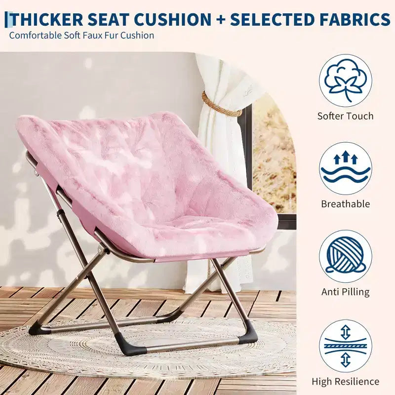 Folding Saucer Chairs for Adults, 300 LB Capacity Comfy Faux Fur Lazy Chair with Metal Frame, No Assembly Required for Bedroom Dorms Apartments