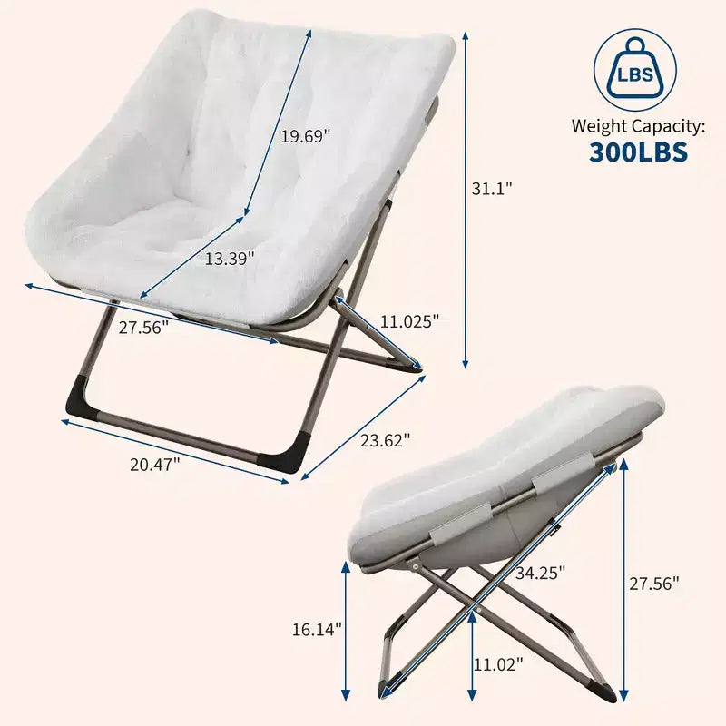 Folding Saucer Chairs for Adults, 300 LB Capacity Comfy Faux Fur Lazy Chair with Metal Frame, No Assembly Required for Bedroom Dorms Apartments