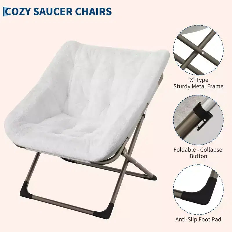 Folding Saucer Chairs for Adults, 300 LB Capacity Comfy Faux Fur Lazy Chair with Metal Frame, No Assembly Required for Bedroom Dorms Apartments