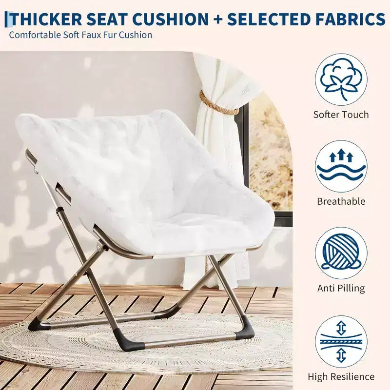 Folding Saucer Chairs for Adults, 300 LB Capacity Comfy Faux Fur Lazy Chair with Metal Frame, No Assembly Required for Bedroom Dorms Apartments