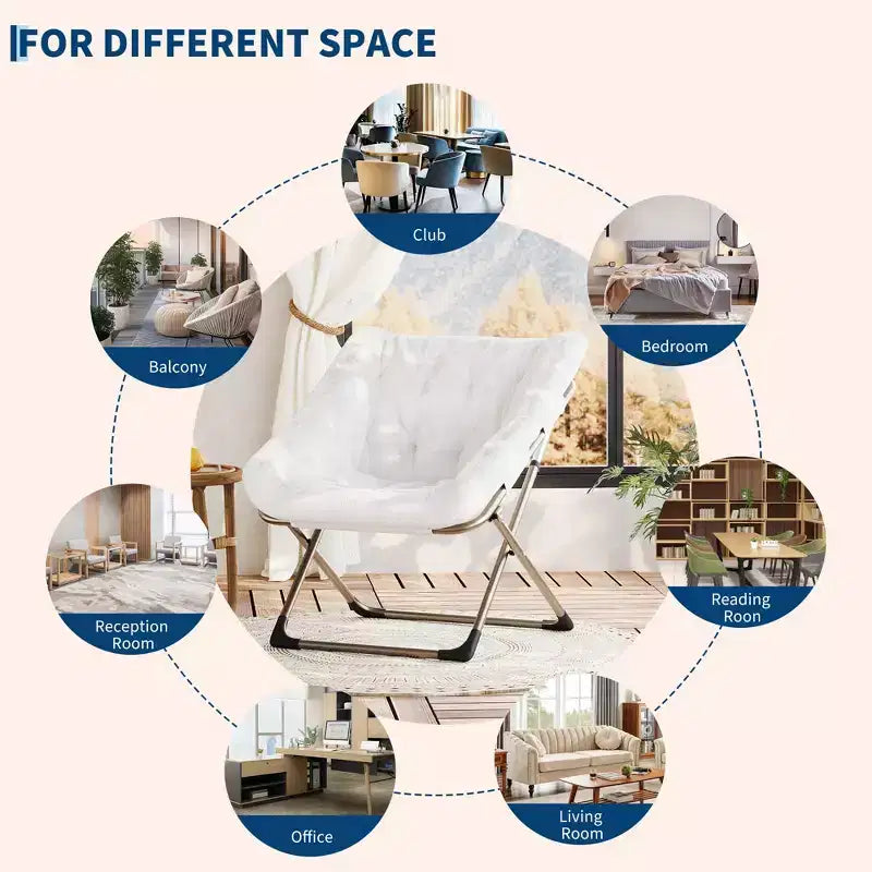 Folding Saucer Chairs for Adults, 300 LB Capacity Comfy Faux Fur Lazy Chair with Metal Frame, No Assembly Required for Bedroom Dorms Apartments