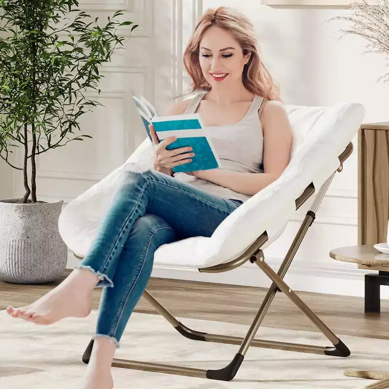 Folding Saucer Chairs for Adults, 300 LB Capacity Comfy Faux Fur Lazy Chair with Metal Frame, No Assembly Required for Bedroom Dorms Apartments
