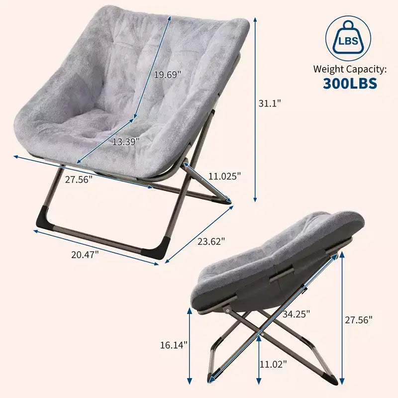 Folding Saucer Chairs for Adults, 300 LB Capacity Comfy Faux Fur Lazy Chair with Metal Frame, No Assembly Required for Bedroom Dorms Apartments