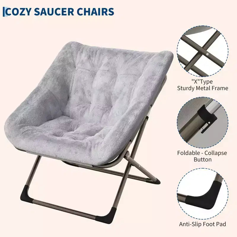Folding Saucer Chairs for Adults, 300 LB Capacity Comfy Faux Fur Lazy Chair with Metal Frame, No Assembly Required for Bedroom Dorms Apartments