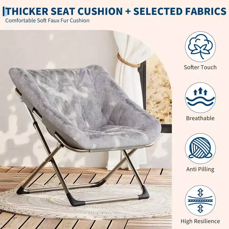 Folding Saucer Chairs for Adults, 300 LB Capacity Comfy Faux Fur Lazy Chair with Metal Frame, No Assembly Required for Bedroom Dorms Apartments