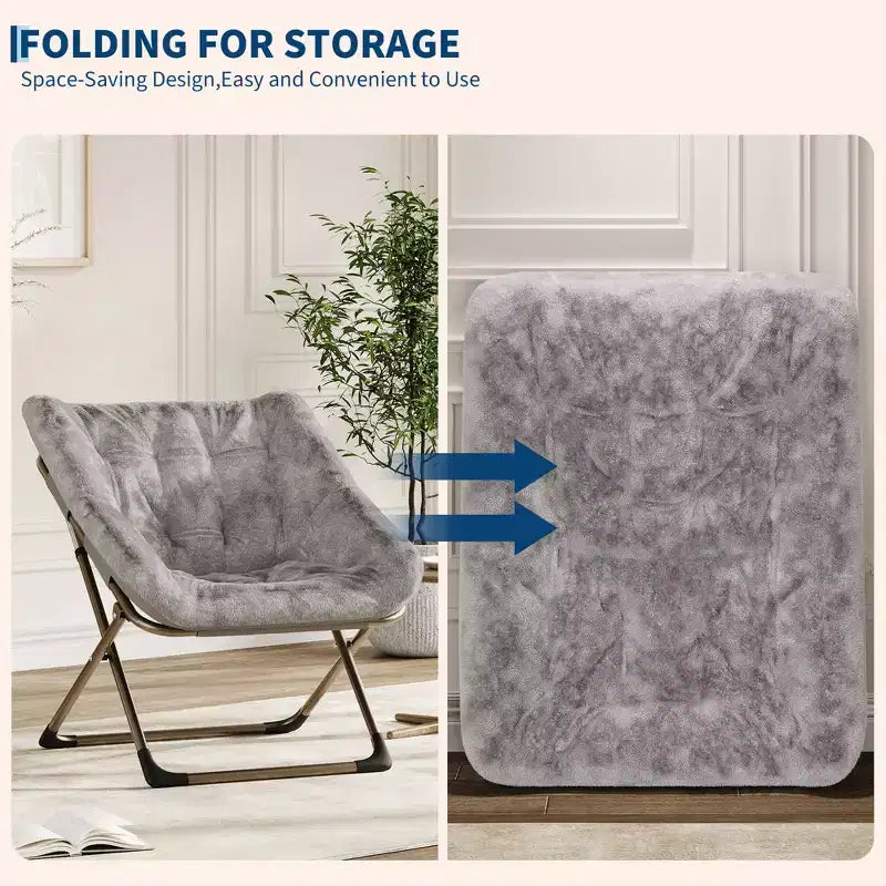 Folding Saucer Chairs for Adults, 300 LB Capacity Comfy Faux Fur Lazy Chair with Metal Frame, No Assembly Required for Bedroom Dorms Apartments