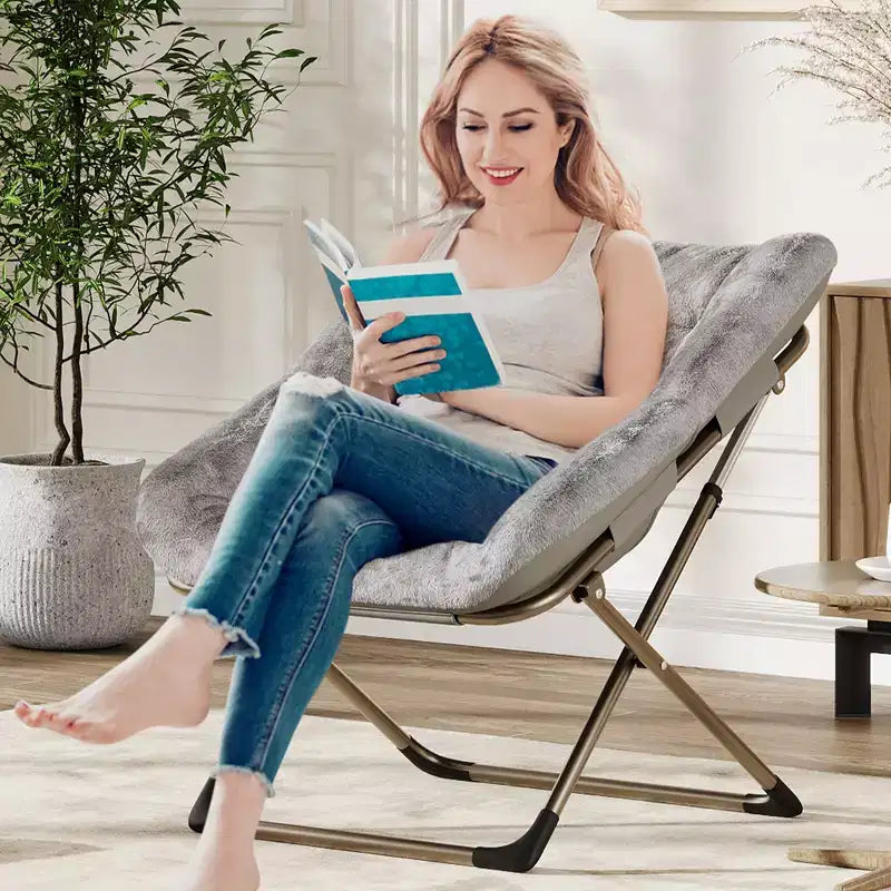 Folding Saucer Chairs for Adults, 300 LB Capacity Comfy Faux Fur Lazy Chair with Metal Frame, No Assembly Required for Bedroom Dorms Apartments