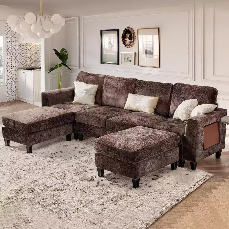 COLAMY 118 U Shaped Sectional Couches,4 Seat Modular Sofa with 2 Ottoman and Foldable Side Table for Living Room,Brown