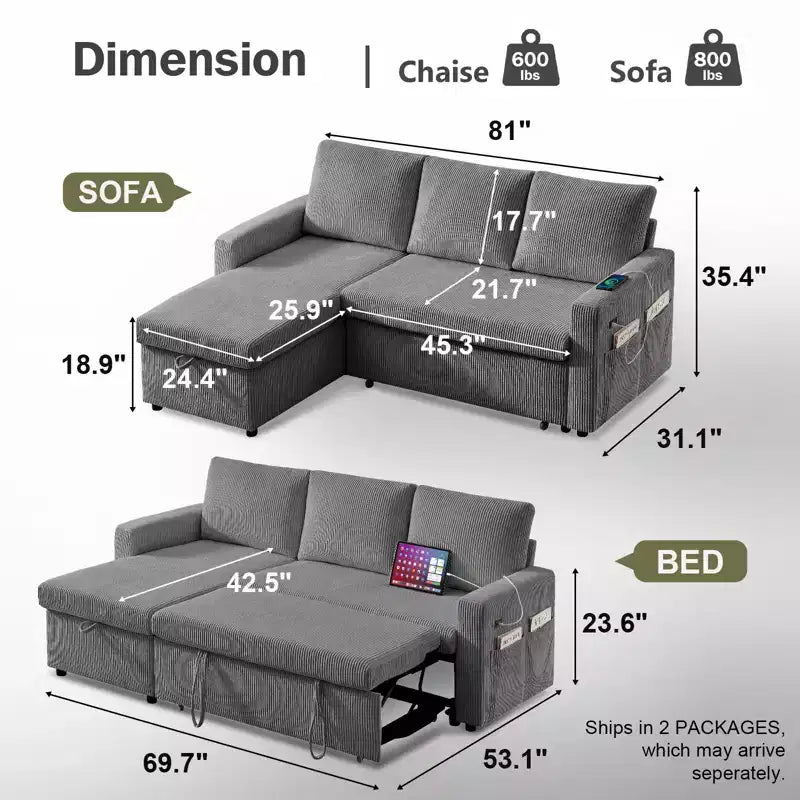 Dyonery L-Shaped Couch Sectional Sleeper Sofa with Reclining Backrest 81 Sleeper Sofa with Pull Out Bed,Reversible Storage Sofa,Tool-Free Assembly