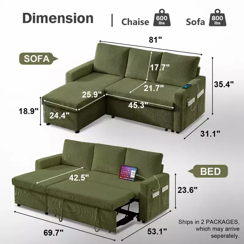Dyonery L-Shaped Couch Sectional Sleeper Sofa with Reclining Backrest 81 Sleeper Sofa with Pull Out Bed,Reversible Storage Sofa,Tool-Free Assembly