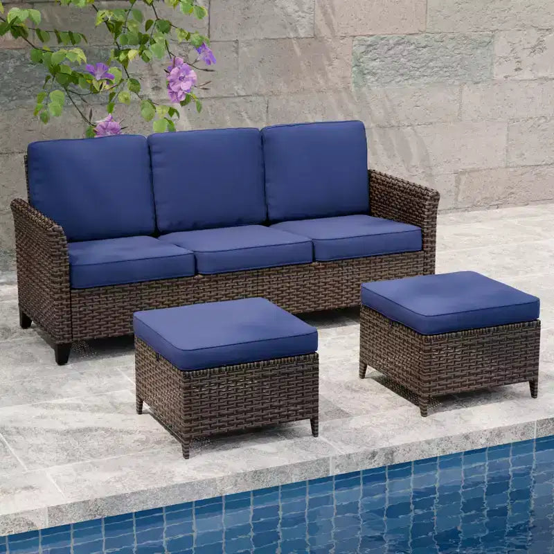 Sofá de jardín de 3 piezas de mimbre EAGLE PEAK Ocean Vista, sofá de 3 plazas de mimbre variado con otomanas
