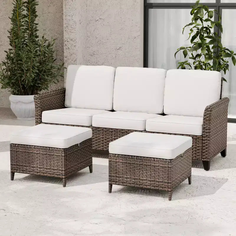 EAGLE PEAK Ocean Vista 3 piece Outdoor Wicker Couch Sofa, Variated Wicker Conversation 3-Seat Sofa Set with Ottomans