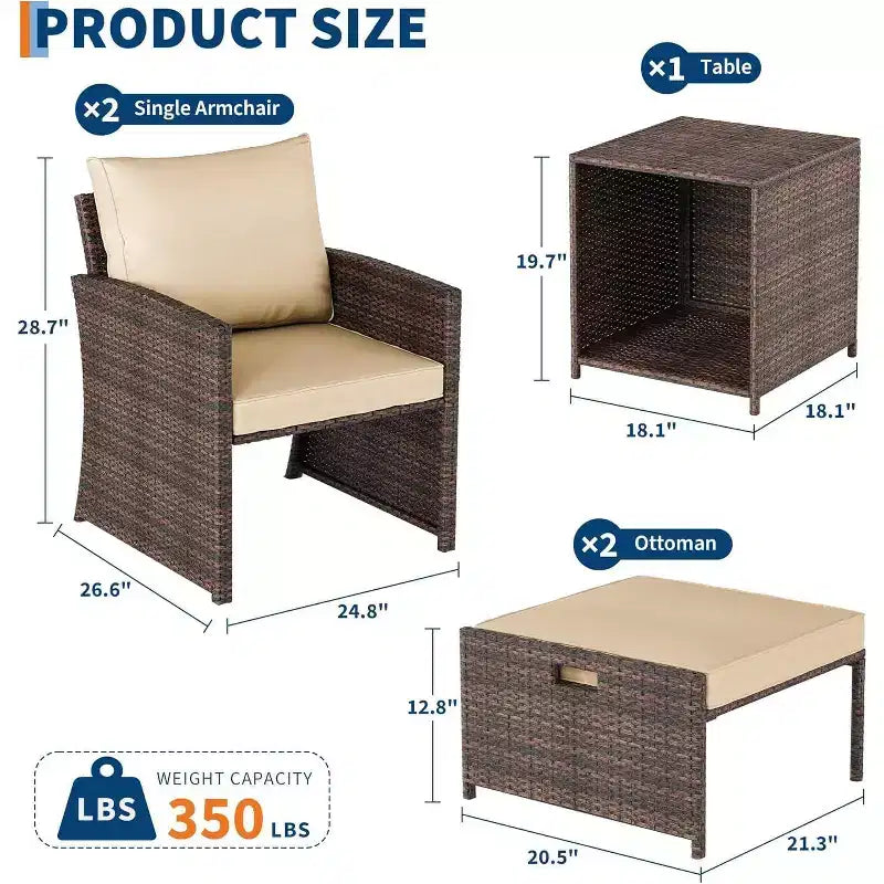 Acekool Juego de patio para balcón de 5 piezas, sillones de ratán marrón con cojines suaves, 2 otomanas ocultas y mesa de almacenamiento de vidrio para porche, césped, terraza