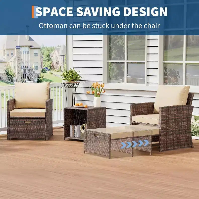 Acekool Juego de patio para balcón de 5 piezas, sillones de ratán marrón con cojines suaves, 2 otomanas ocultas y mesa de almacenamiento de vidrio para porche, césped, terraza