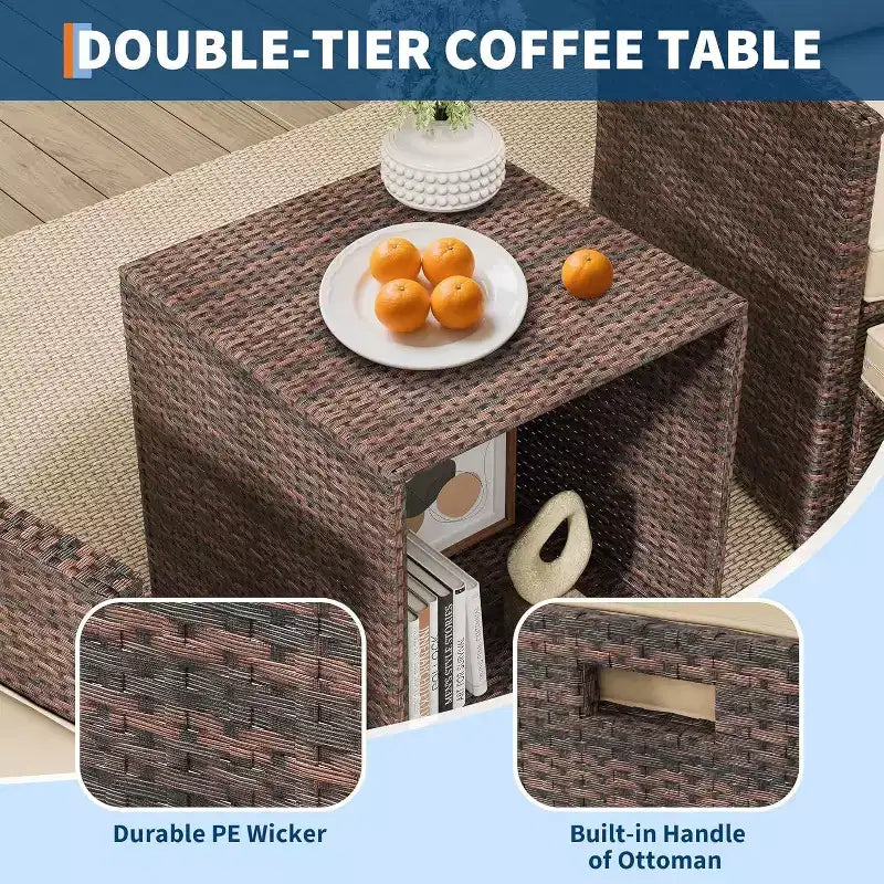 Acekool Juego de patio para balcón de 5 piezas, sillones de ratán marrón con cojines suaves, 2 otomanas ocultas y mesa de almacenamiento de vidrio para porche, césped, terraza