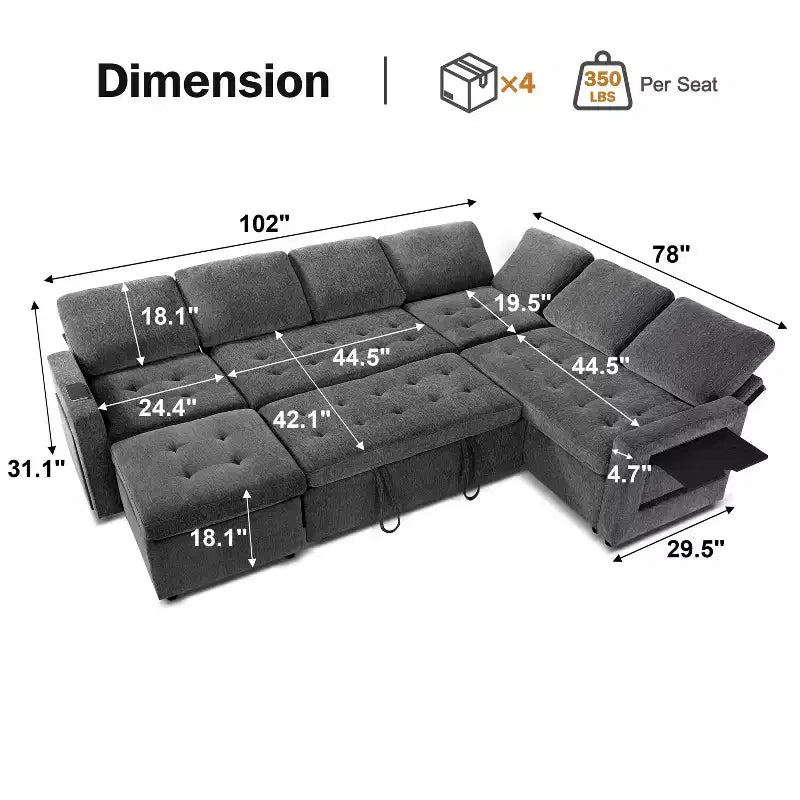 Dyonery 7-Seat Modular Sectional Sleeper Sofa Bed with Pull Out Bed/Reclining Backrest/USB Ports/Storage Seat,L-Shaped Sofa Couch,Tool-Free Assembly