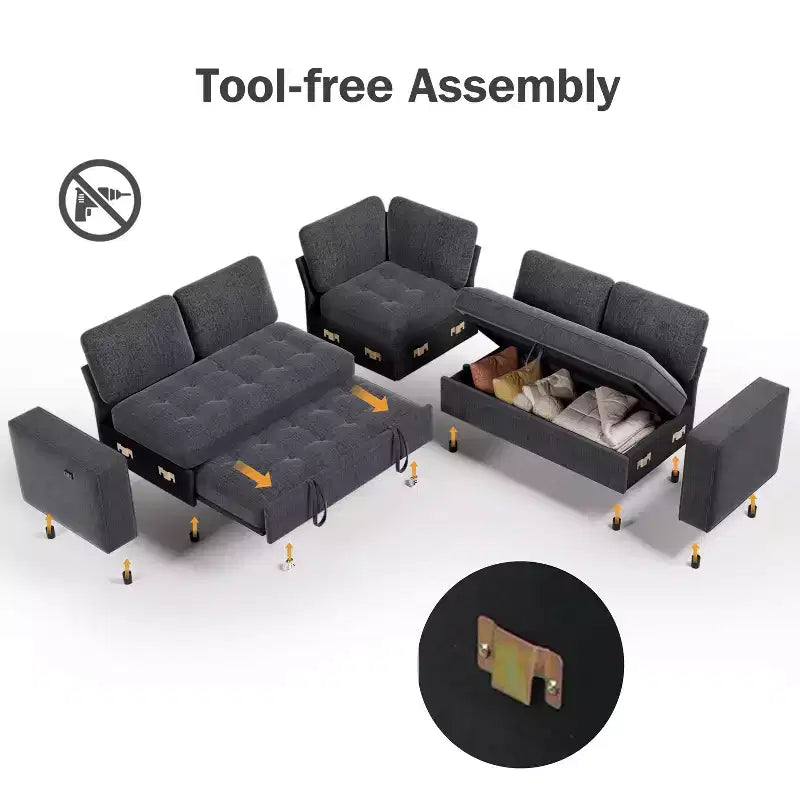 Dyonery 7-Seat Modular Sectional Sleeper Sofa Bed with Pull Out Bed/Reclining Backrest/USB Ports/Storage Seat,L-Shaped Sofa Couch,Tool-Free Assembly