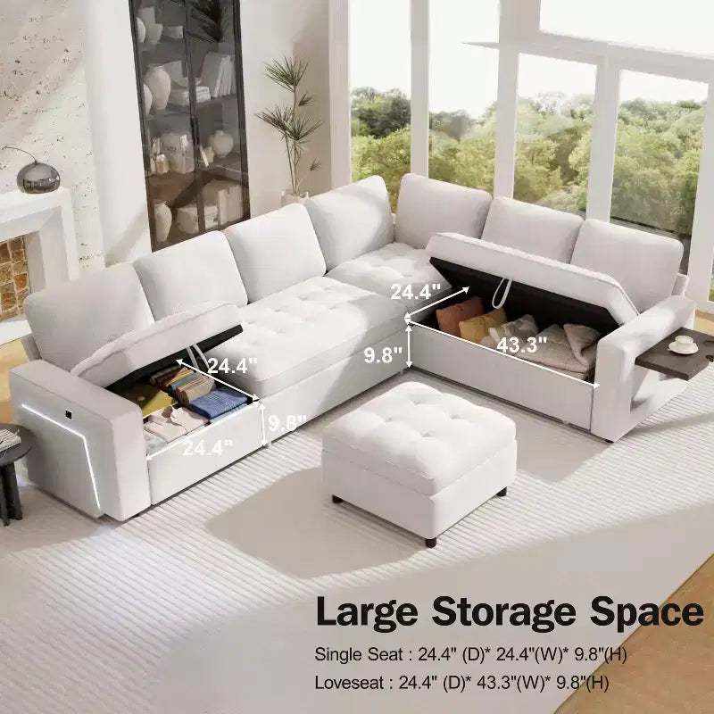 Dyonery 7-Seat Modular Sectional Sleeper Sofa Bed with Pull Out Bed/Reclining Backrest/USB Ports/Storage Seat,L-Shaped Sofa Couch,Tool-Free Assembly