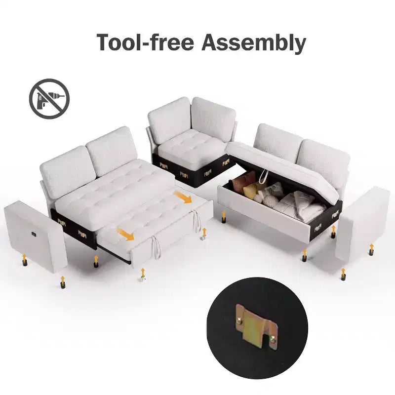 Dyonery 7-Seat Modular Sectional Sleeper Sofa Bed with Pull Out Bed/Reclining Backrest/USB Ports/Storage Seat,L-Shaped Sofa Couch,Tool-Free Assembly