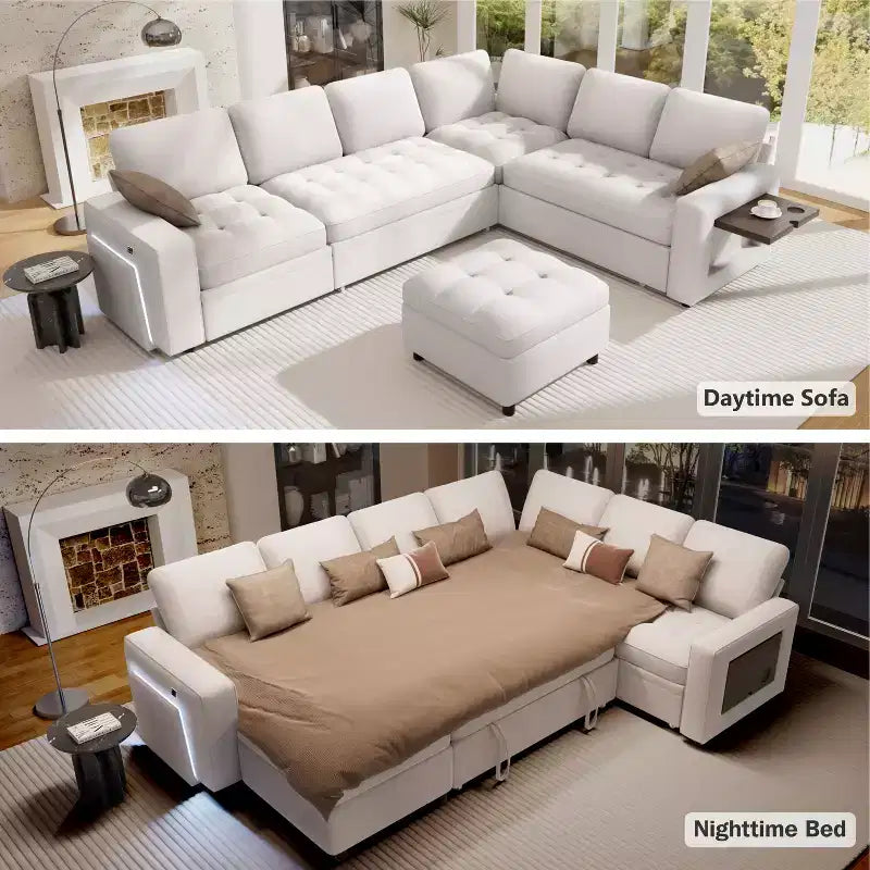 Dyonery 7-Seat Modular Sectional Sleeper Sofa Bed with Pull Out Bed/Reclining Backrest/USB Ports/Storage Seat,L-Shaped Sofa Couch,Tool-Free Assembly
