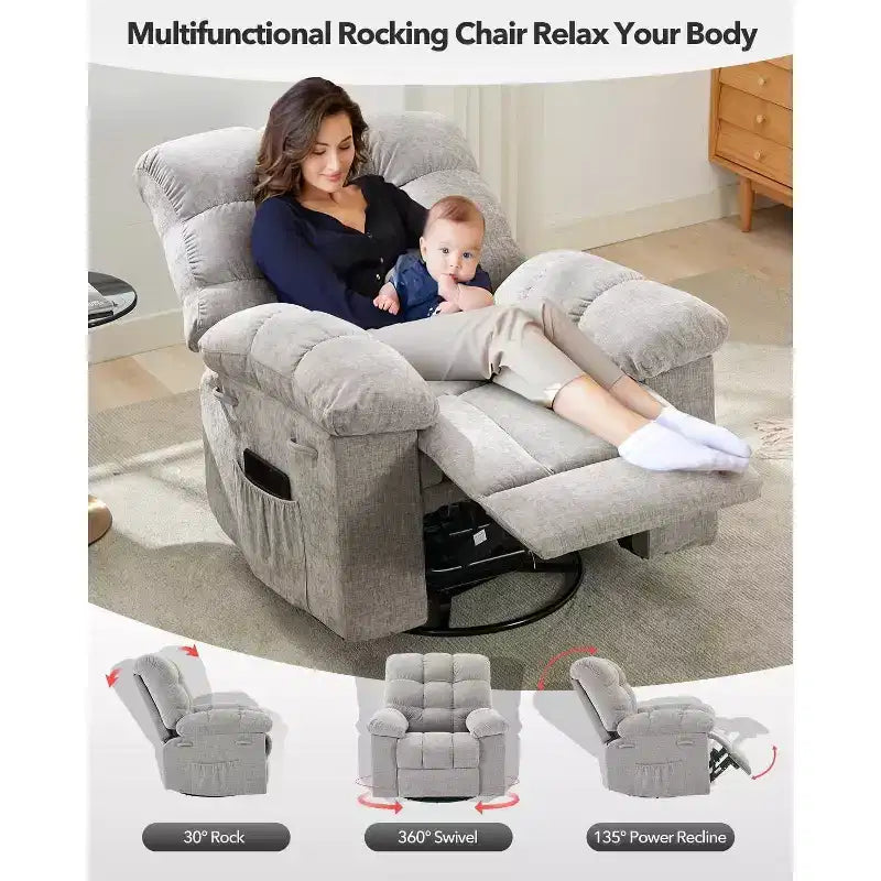 Rocker Chair for Adults, Overstuffed Large Manual Recliner Glider, Nursery Rocking Chairs, Comfy Soft Fabric Living Room