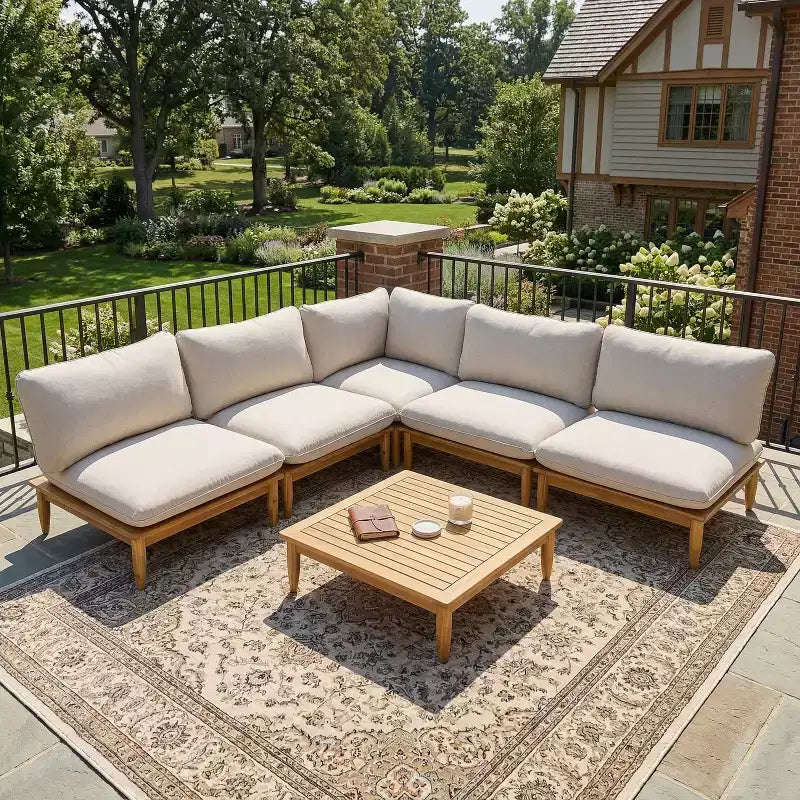 Christopher Knight Home Sacova Outdoor Acacia Wood V Shape Seating Set, Teak Finish Frame with Beige Cushion