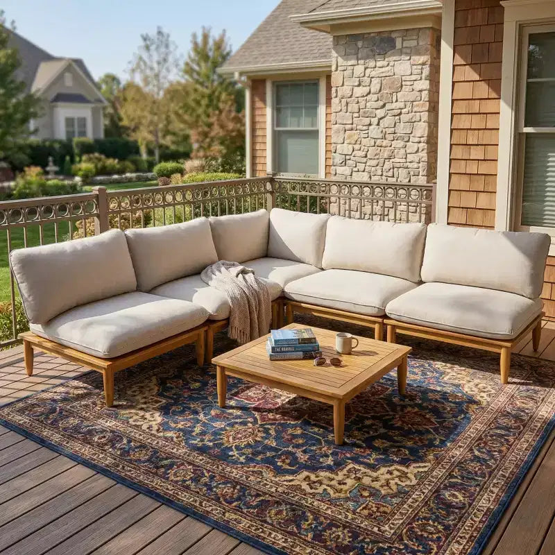 Christopher Knight Home Sacova - Juego de asientos en forma de V de madera de acacia para exteriores, estructura con acabado de teca y cojines beige