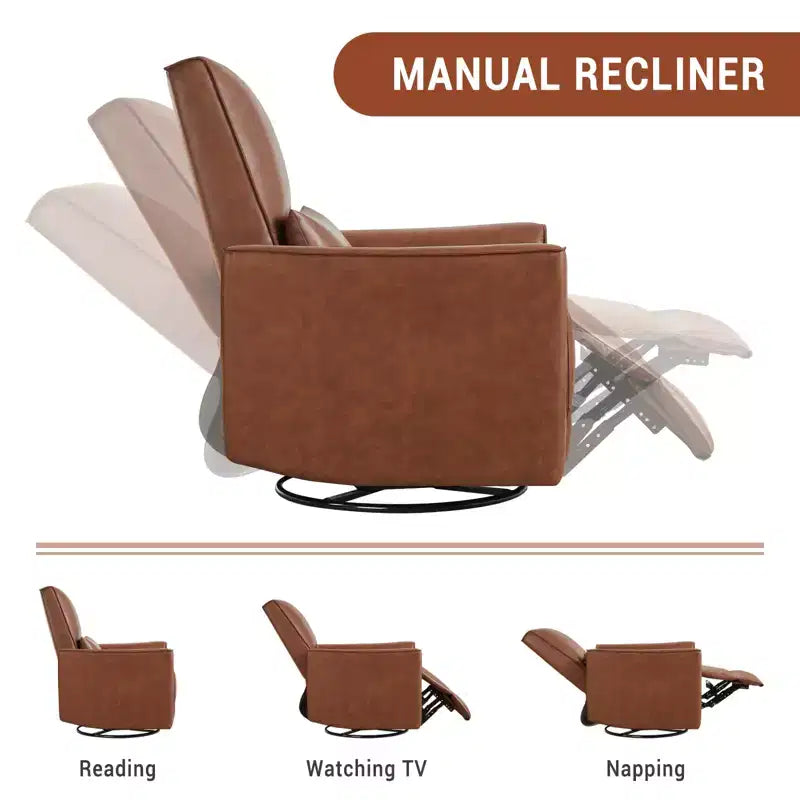 Swivel Rocking Recliner Chair, Manual Leather Recliner Glider, Comfortable Rocker, for Living Room, Bedroom, Brown