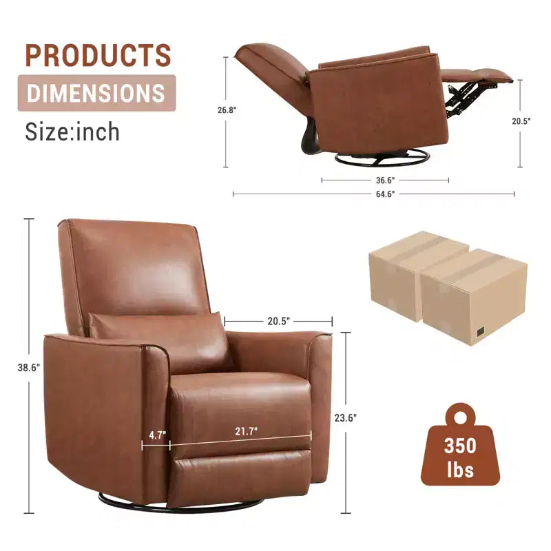 Swivel Rocking Recliner Chair, Manual Leather Recliner Glider, Comfortable Rocker, for Living Room, Bedroom, Brown
