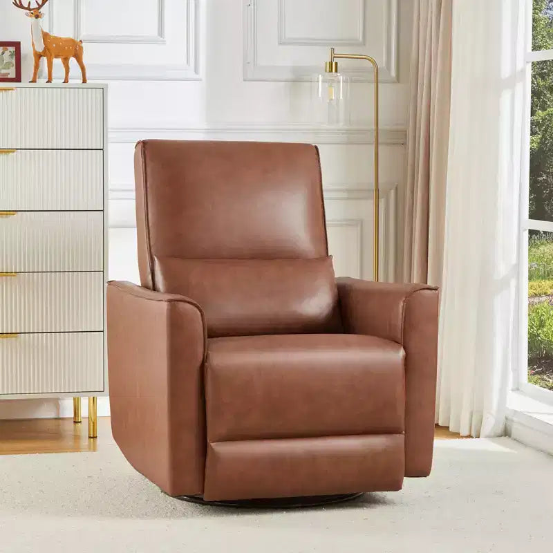 Swivel Rocking Recliner Chair, Manual Leather Recliner Glider, Comfortable Rocker, for Living Room, Bedroom, Brown