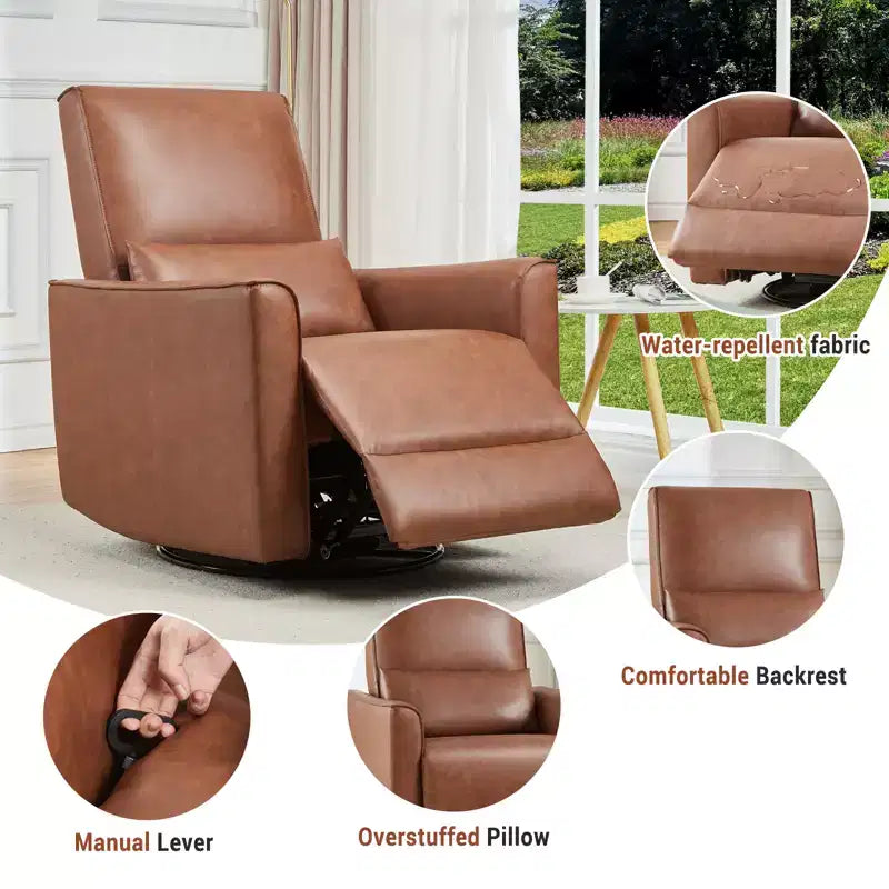 Swivel Rocking Recliner Chair, Manual Leather Recliner Glider, Comfortable Rocker, for Living Room, Bedroom, Brown