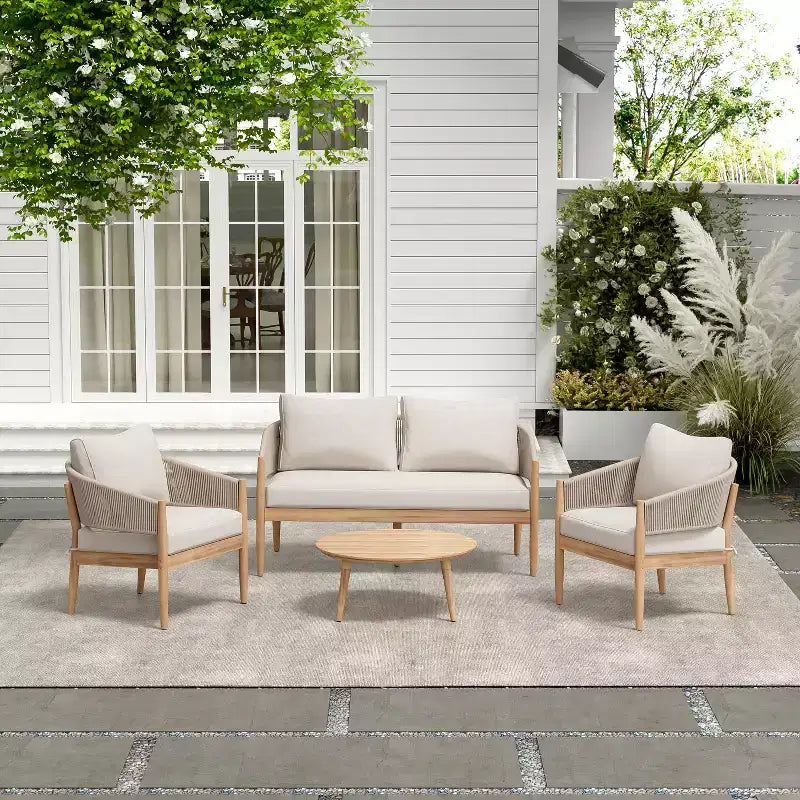 Christopher Knight Home Zill - Juego moderno de 4 piezas para patio con estructura de madera de acacia, asientos de cuerda tejida y mesa de centro con listones