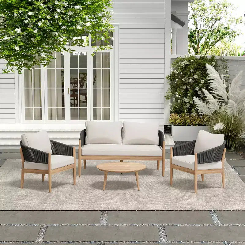 Christopher Knight Home Zill - Juego moderno de 4 piezas para patio con estructura de madera de acacia, asientos de cuerda tejida y mesa de centro con listones