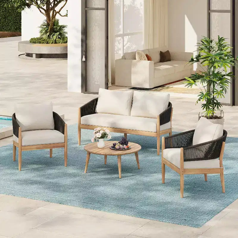 Christopher Knight Home Zill Modern 4 Piece Patio Acacia Wood Woven Rope Seating Set with Slatted Coffee Table