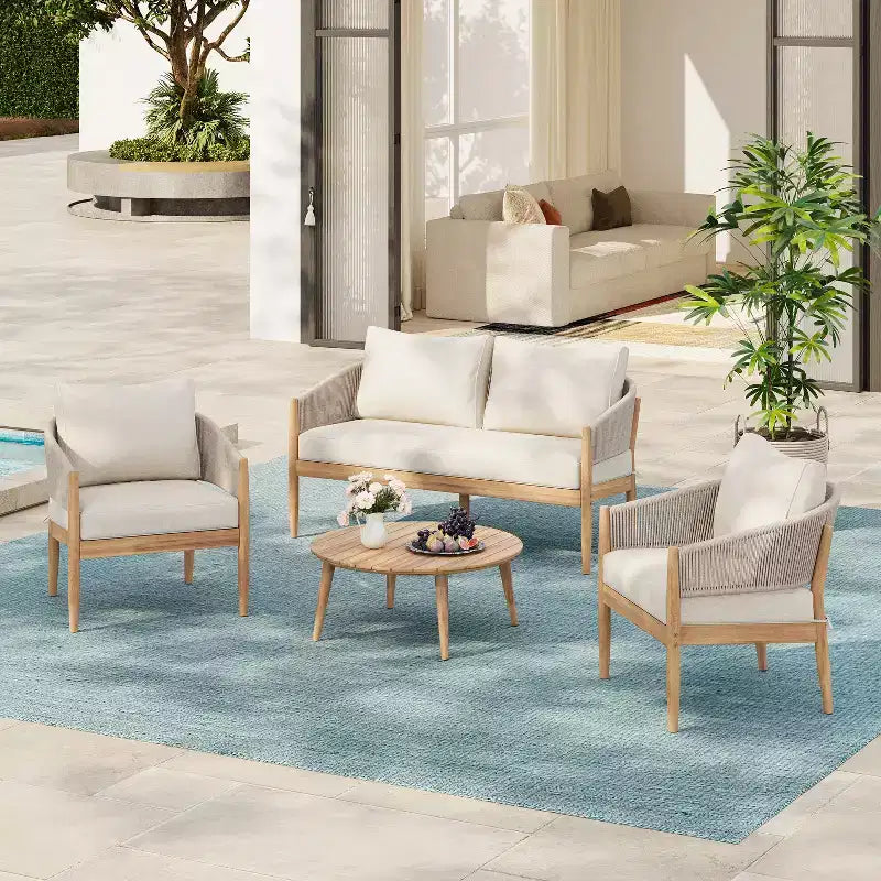 Christopher Knight Home Zill - Salon de jardin moderne 4 pièces en bois d'acacia et corde tressée avec table basse à lattes