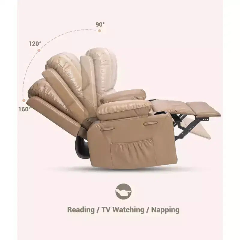 Large Leather Manual Recliner Chair with Comfortable Arms, Built-in Cup Holders, 21.2 Inch Seat Width, for Living Room Relaxation and Entertainment